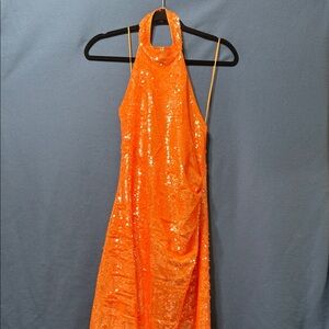 Orange Sequin Halter Open Back Dress by Caroline Constas Size S New York